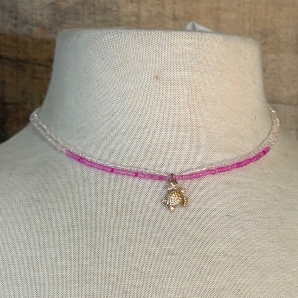 Pink White Seed Bead Double Strand Sea Turtle Pendant Necklace Adjustable
